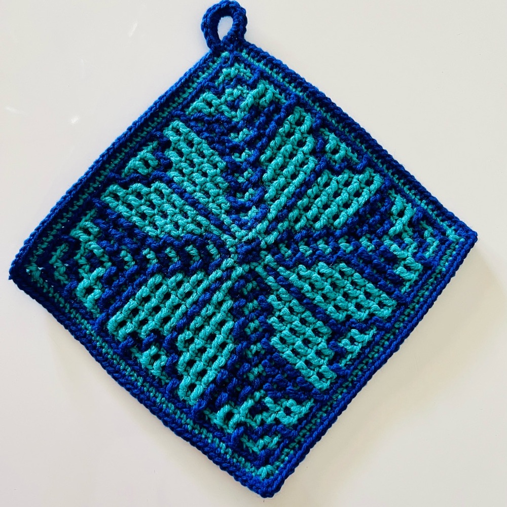 Handmade Crochet Potholder in Teal and Royal Blue